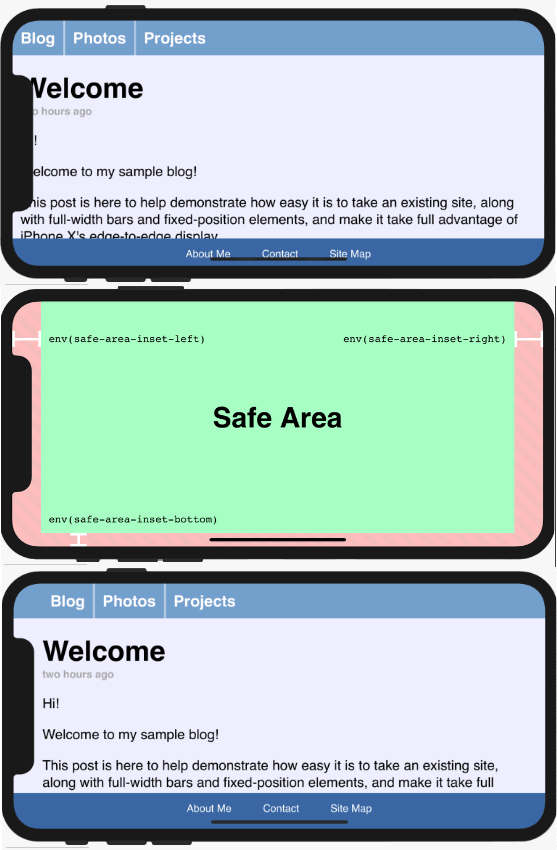 three iphone layouts demonstrating use of env() function